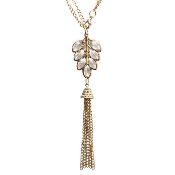 Vintage Gold Tone Crystal Flower Leaf Fringe Necklace - Picture 1 of 9